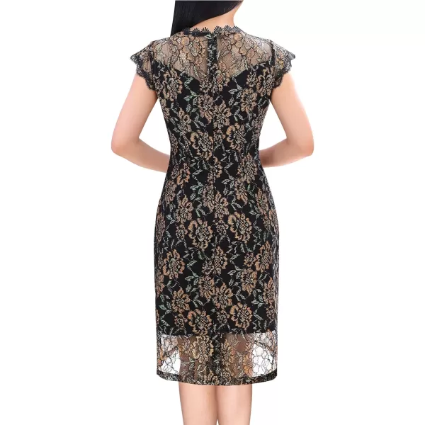 VFSHOW Womens Contrast Floral Lace Shift Scalloped Crew Neck Slim Cocktail Party DressBlack  Orange Floral Lace