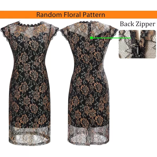 VFSHOW Womens Contrast Floral Lace Shift Scalloped Crew Neck Slim Cocktail Party DressBlack  Orange Floral Lace