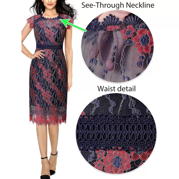 VFSHOW Womens Contrast Floral Lace Shift Scalloped Crew Neck Slim Cocktail Party DressBlue and Red Floral Lace