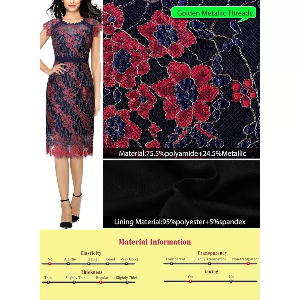 VFSHOW Womens Contrast Floral Lace Shift Scalloped Crew Neck Slim Cocktail Party DressBlue and Red Floral Lace