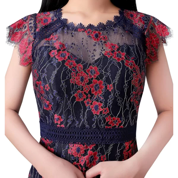 VFSHOW Womens Contrast Floral Lace Shift Scalloped Crew Neck Slim Cocktail Party DressBlue and Red Floral Lace