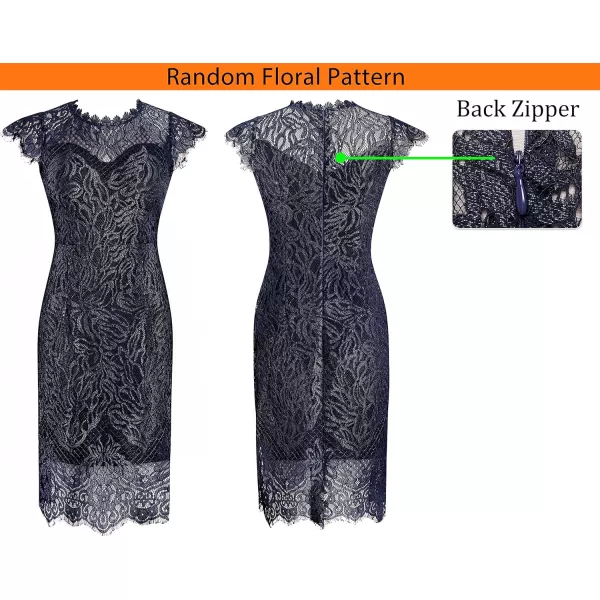 VFSHOW Womens Contrast Floral Lace Shift Scalloped Crew Neck Slim Cocktail Party DressShiny Navy Floral Lace