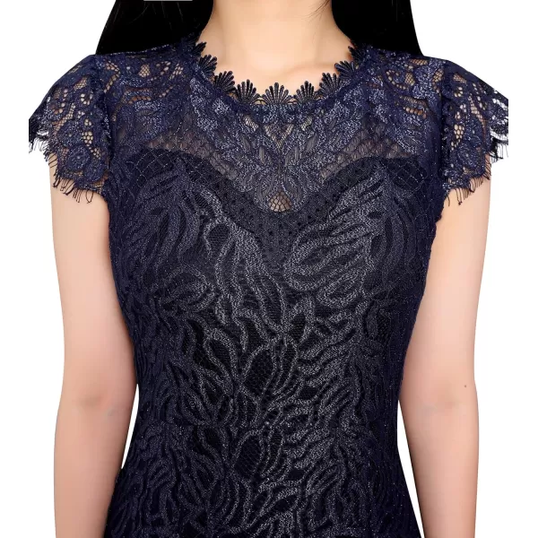 VFSHOW Womens Contrast Floral Lace Shift Scalloped Crew Neck Slim Cocktail Party DressShiny Navy Floral Lace