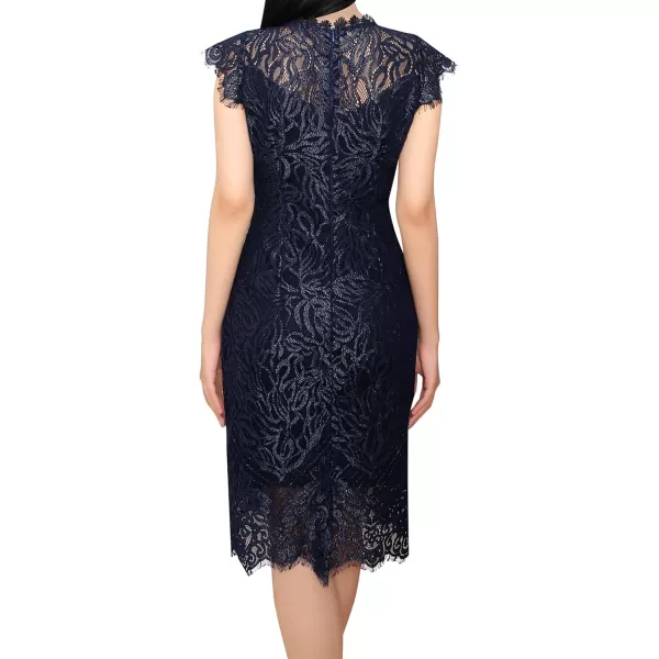 VFSHOW Womens Contrast Floral Lace Shift Scalloped Crew Neck Slim Cocktail Party DressShiny Navy Floral Lace