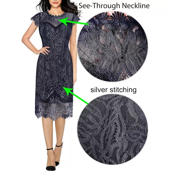 VFSHOW Womens Contrast Floral Lace Shift Scalloped Crew Neck Slim Cocktail Party DressShiny Navy Floral Lace