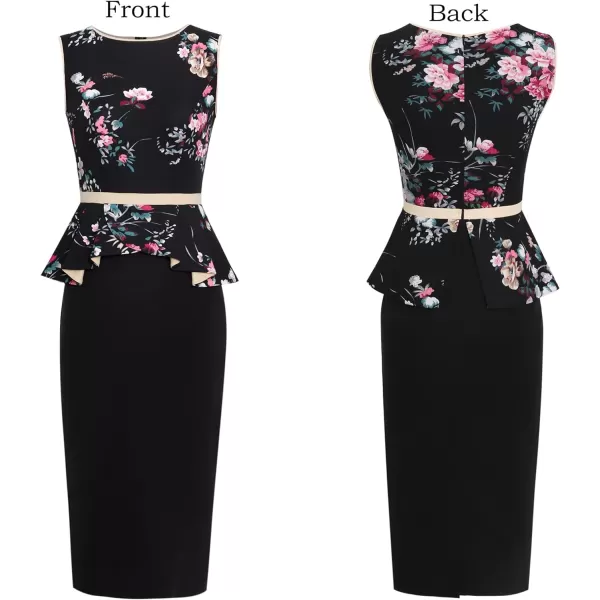 VFSHOW Womens Crew Neck Peplum Colorblock Work Business Office Bodycon Pencil DressBlack Floral and Black