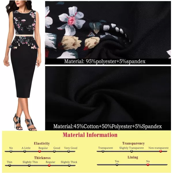 VFSHOW Womens Crew Neck Peplum Colorblock Work Business Office Bodycon Pencil DressBlack Floral and Black