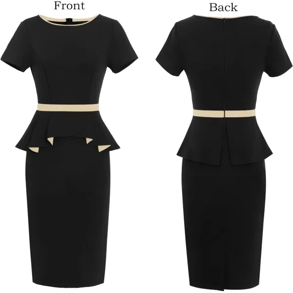 VFSHOW Womens Crew Neck Peplum Colorblock Work Business Office Bodycon Pencil DressBlack and Beige