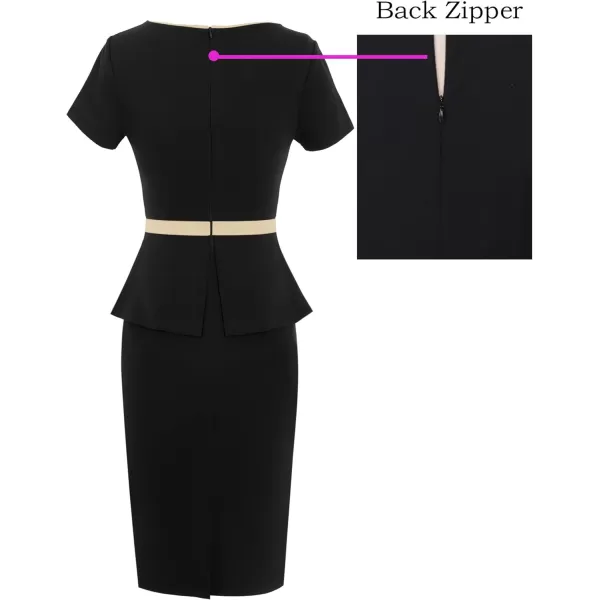 VFSHOW Womens Crew Neck Peplum Colorblock Work Business Office Bodycon Pencil DressBlack and Beige