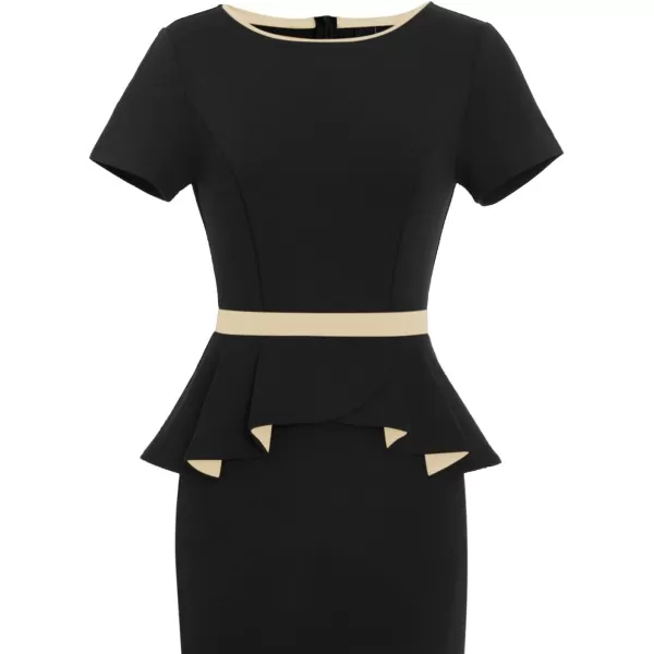 VFSHOW Womens Crew Neck Peplum Colorblock Work Business Office Bodycon Pencil DressBlack and Beige