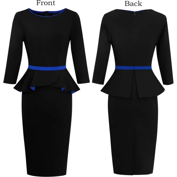 VFSHOW Womens Crew Neck Peplum Colorblock Work Business Office Bodycon Pencil DressBlack and Blue