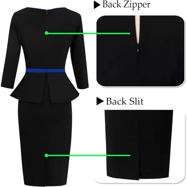 VFSHOW Womens Crew Neck Peplum Colorblock Work Business Office Bodycon Pencil DressBlack and Blue