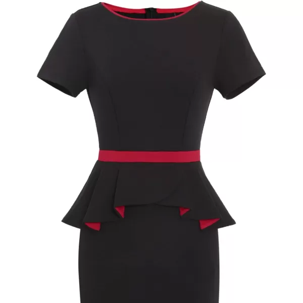 VFSHOW Womens Crew Neck Peplum Colorblock Work Business Office Bodycon Pencil DressBlack and Red