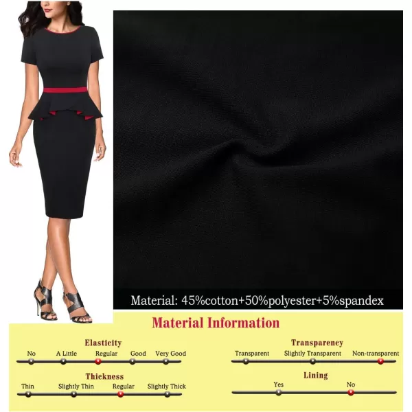 VFSHOW Womens Crew Neck Peplum Colorblock Work Business Office Bodycon Pencil DressBlack and Red