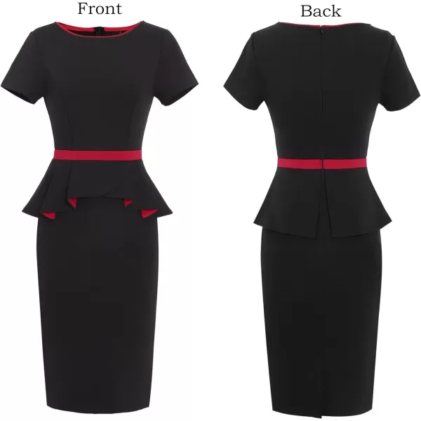 VFSHOW Womens Crew Neck Peplum Colorblock Work Business Office Bodycon Pencil DressBlack and Red