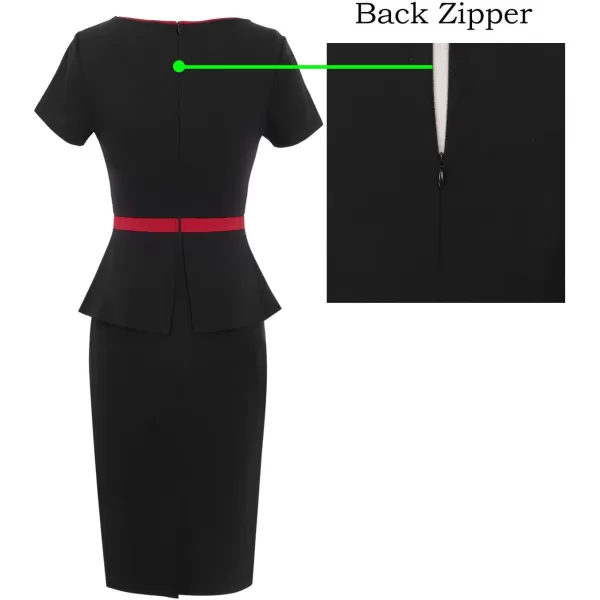 VFSHOW Womens Crew Neck Peplum Colorblock Work Business Office Bodycon Pencil DressBlack and Red