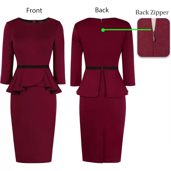 VFSHOW Womens Crew Neck Peplum Colorblock Work Business Office Bodycon Pencil DressDark Red and Black34 Sleeves