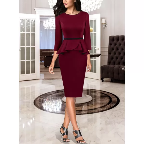 VFSHOW Womens Crew Neck Peplum Colorblock Work Business Office Bodycon Pencil DressDark Red and Black34 Sleeves