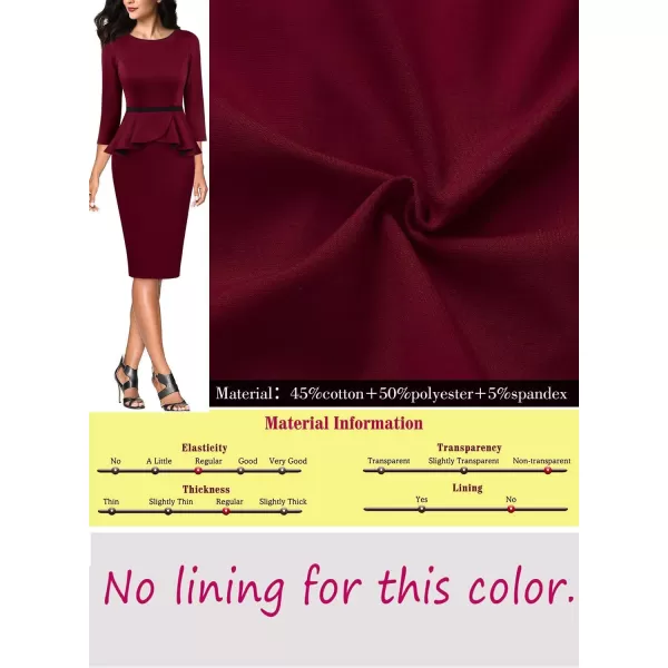 VFSHOW Womens Crew Neck Peplum Colorblock Work Business Office Bodycon Pencil DressDark Red and Black34 Sleeves