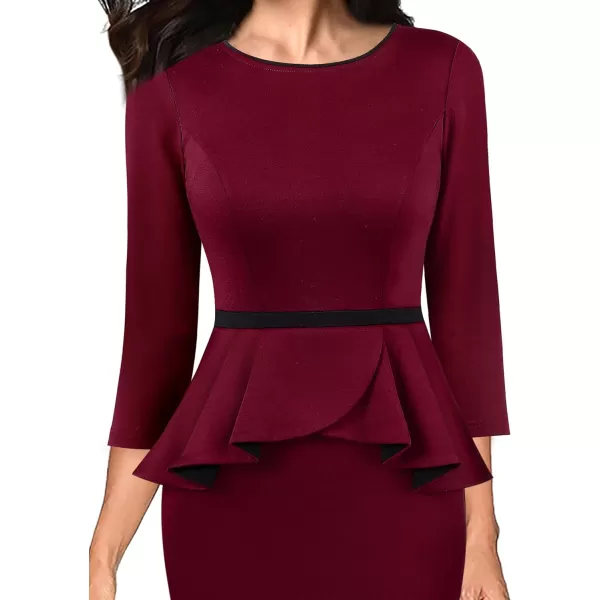 VFSHOW Womens Crew Neck Peplum Colorblock Work Business Office Bodycon Pencil DressDark Red and Black34 Sleeves