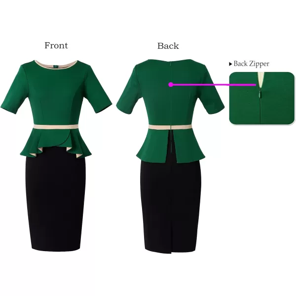 VFSHOW Womens Crew Neck Peplum Colorblock Work Business Office Bodycon Pencil DressGreen and Black