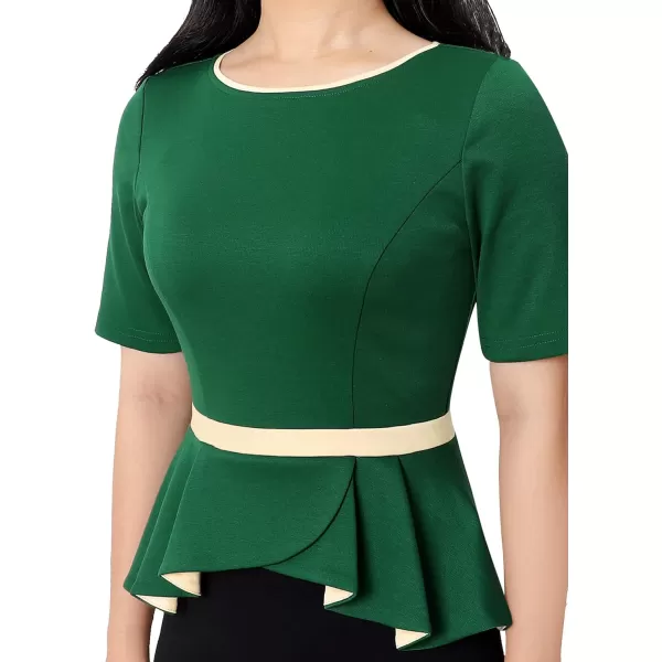 VFSHOW Womens Crew Neck Peplum Colorblock Work Business Office Bodycon Pencil DressGreen and Black