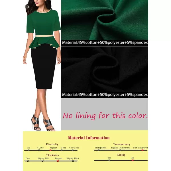 VFSHOW Womens Crew Neck Peplum Colorblock Work Business Office Bodycon Pencil DressGreen and Black