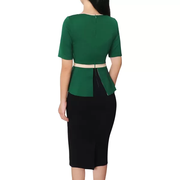 VFSHOW Womens Crew Neck Peplum Colorblock Work Business Office Bodycon Pencil DressGreen and Black