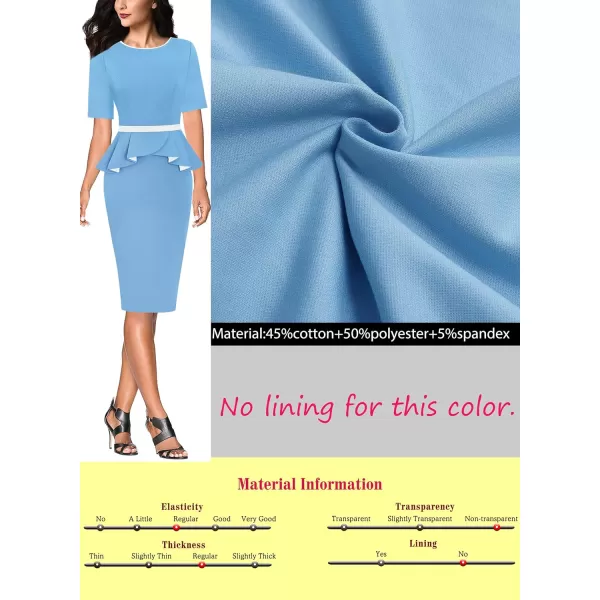 VFSHOW Womens Crew Neck Peplum Colorblock Work Business Office Bodycon Pencil DressLight Blue and White