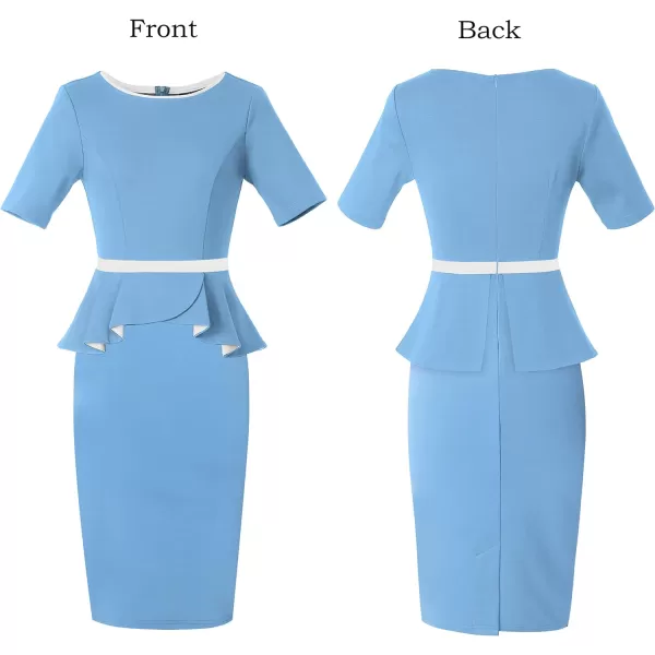 VFSHOW Womens Crew Neck Peplum Colorblock Work Business Office Bodycon Pencil DressLight Blue and White