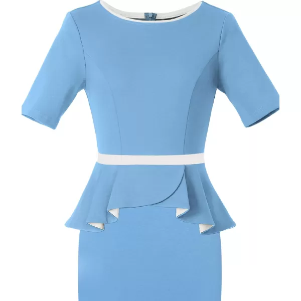 VFSHOW Womens Crew Neck Peplum Colorblock Work Business Office Bodycon Pencil DressLight Blue and White