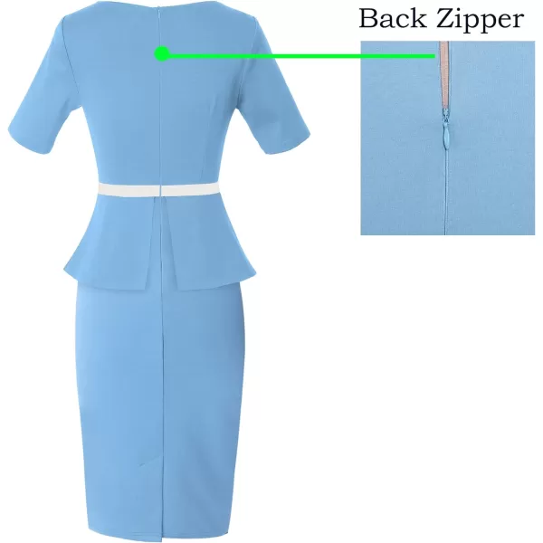 VFSHOW Womens Crew Neck Peplum Colorblock Work Business Office Bodycon Pencil DressLight Blue and White