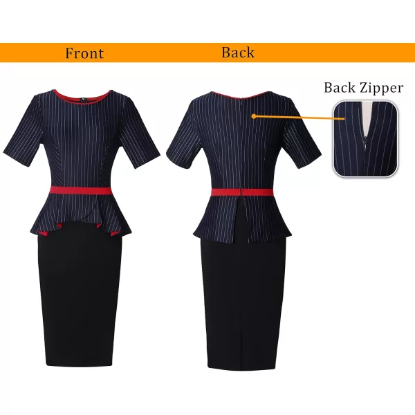 VFSHOW Womens Crew Neck Peplum Colorblock Work Business Office Bodycon Pencil DressNavy Blue Stripe Black