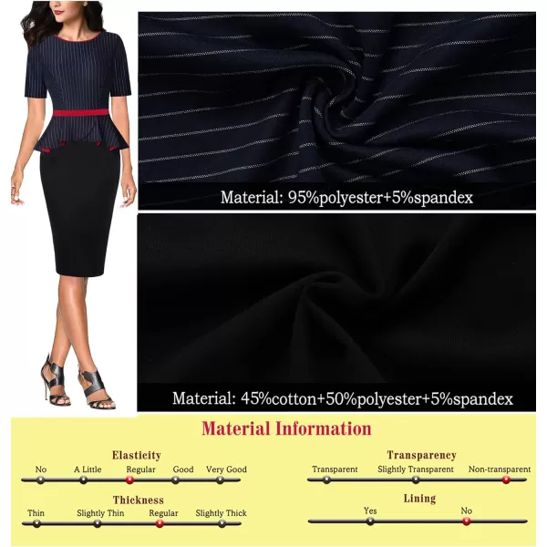VFSHOW Womens Crew Neck Peplum Colorblock Work Business Office Bodycon Pencil DressNavy Blue Stripe Black