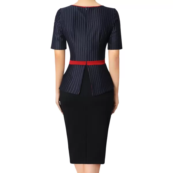 VFSHOW Womens Crew Neck Peplum Colorblock Work Business Office Bodycon Pencil DressNavy Blue Stripe Black