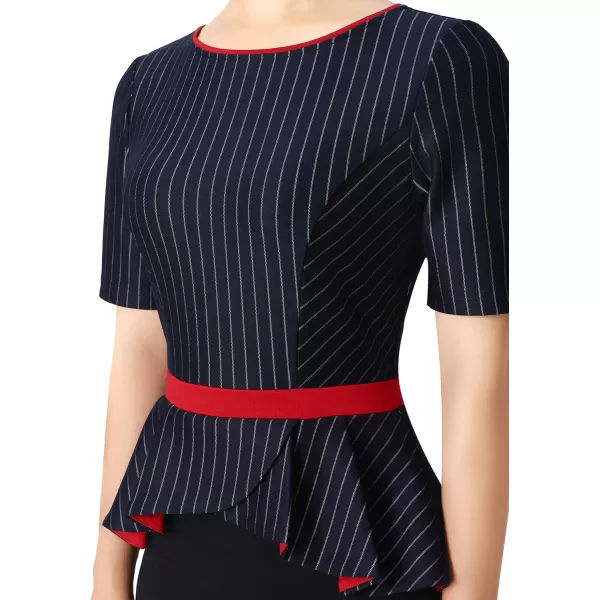 VFSHOW Womens Crew Neck Peplum Colorblock Work Business Office Bodycon Pencil DressNavy Blue Stripe Black