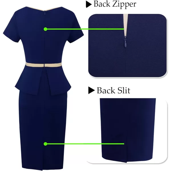 VFSHOW Womens Crew Neck Peplum Colorblock Work Business Office Bodycon Pencil DressNavy Blue and Beige