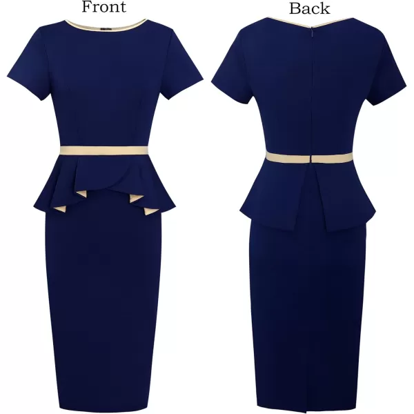 VFSHOW Womens Crew Neck Peplum Colorblock Work Business Office Bodycon Pencil DressNavy Blue and Beige