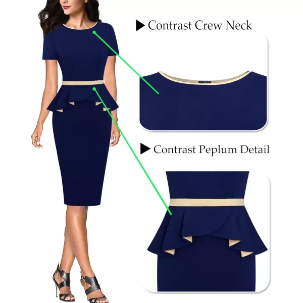 VFSHOW Womens Crew Neck Peplum Colorblock Work Business Office Bodycon Pencil DressNavy Blue and Beige