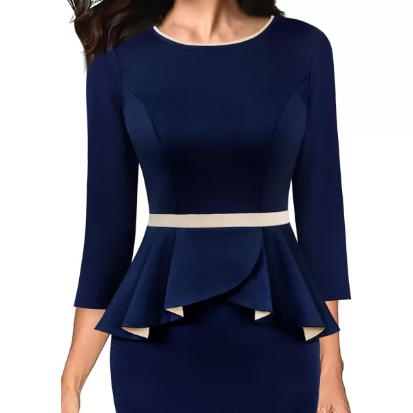 VFSHOW Womens Crew Neck Peplum Colorblock Work Business Office Bodycon Pencil DressNavy Blue and Beige34 Sleeves