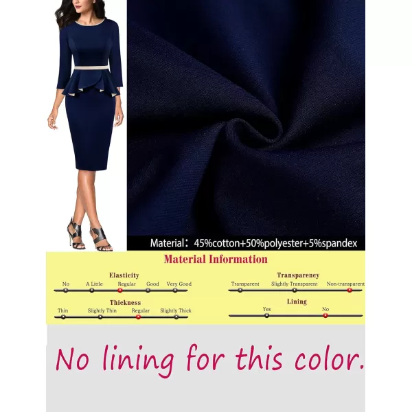 VFSHOW Womens Crew Neck Peplum Colorblock Work Business Office Bodycon Pencil DressNavy Blue and Beige34 Sleeves