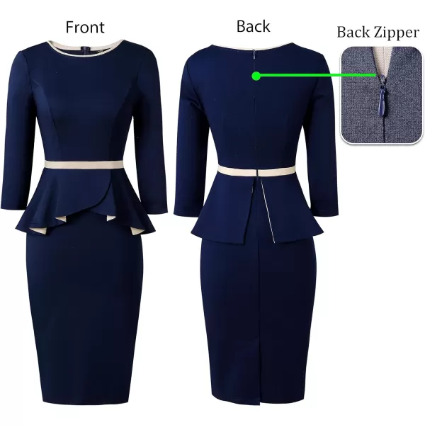 VFSHOW Womens Crew Neck Peplum Colorblock Work Business Office Bodycon Pencil DressNavy Blue and Beige34 Sleeves