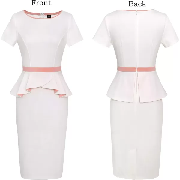 VFSHOW Womens Crew Neck Peplum Colorblock Work Business Office Bodycon Pencil DressOffwhite and Pink