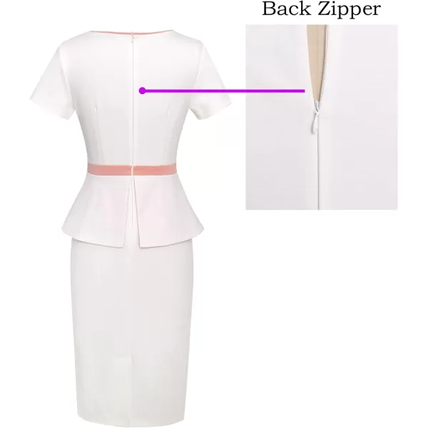 VFSHOW Womens Crew Neck Peplum Colorblock Work Business Office Bodycon Pencil DressOffwhite and Pink