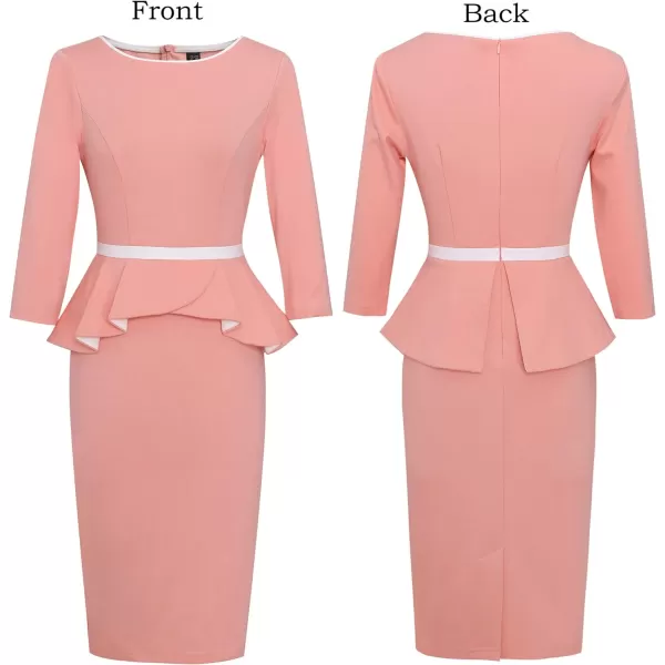 VFSHOW Womens Crew Neck Peplum Colorblock Work Business Office Bodycon Pencil DressPeach Pink and Off White2