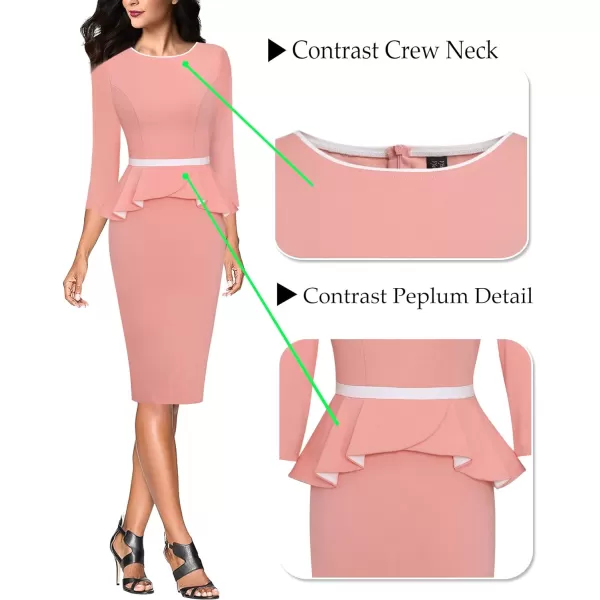 VFSHOW Womens Crew Neck Peplum Colorblock Work Business Office Bodycon Pencil DressPeach Pink and Off White2