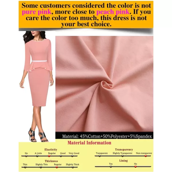 VFSHOW Womens Crew Neck Peplum Colorblock Work Business Office Bodycon Pencil DressPeach Pink and Off White2