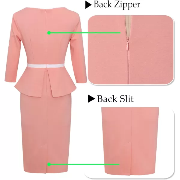 VFSHOW Womens Crew Neck Peplum Colorblock Work Business Office Bodycon Pencil DressPeach Pink and Off White2