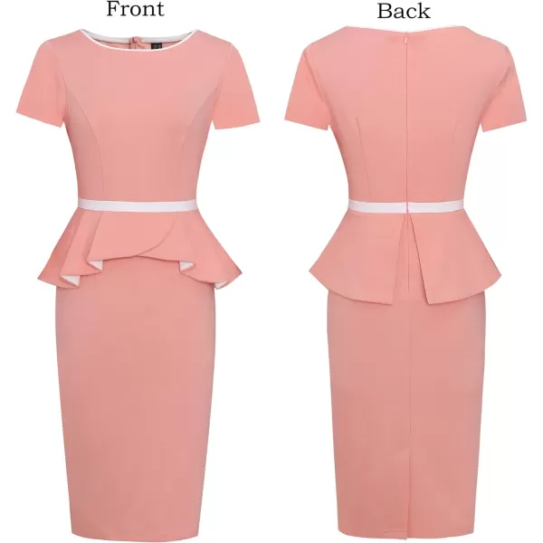 VFSHOW Womens Crew Neck Peplum Colorblock Work Business Office Bodycon Pencil DressPeach With White Piping3