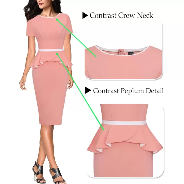 VFSHOW Womens Crew Neck Peplum Colorblock Work Business Office Bodycon Pencil DressPeach With White Piping3